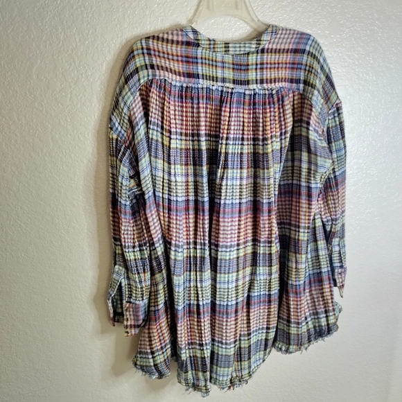 Free People Come On Over Plaid Pleated Oversized Button Up Top Blouse Sz M - Picture 8 of 10